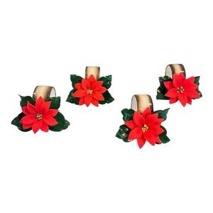 Vtg L'Atelier Poinsettia Christmas Holiday Napkin Ring Holders Set Made in Italy